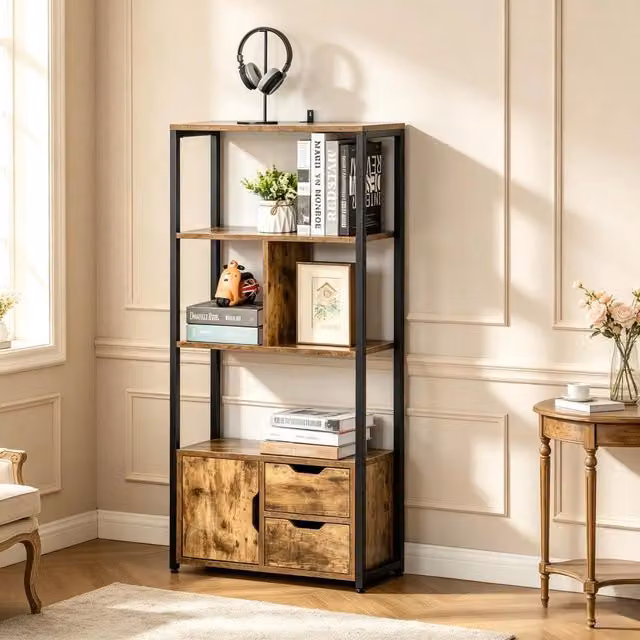 Libreria Industrial WISHDOR con 3 ripiani, armadietto e cassetti in metallo e MDF, colore nero e marrone, L: 122 cm, P: 24 cm, H: 58 cm – 1
