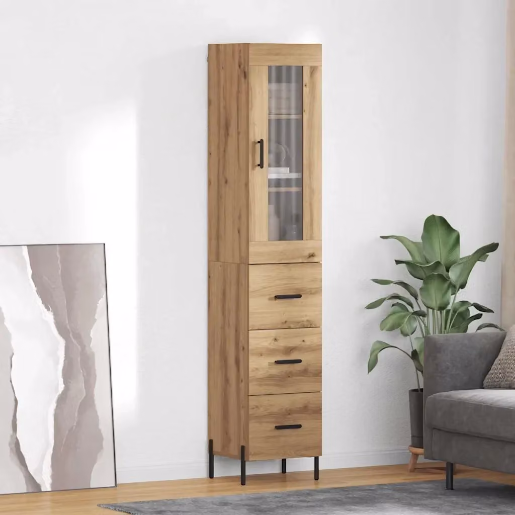 Credenza Buffet in Rovere Artigianale con Cassetto, Design Moderno, L/P/H: 34,5 x 34 x 180 cm – 2