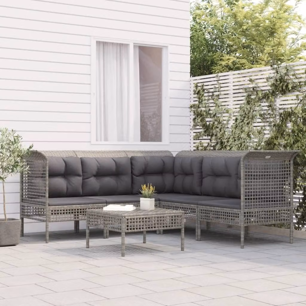 The Living Store Set da giardino da 6 pezzi con cuscini in poly rattan grigio