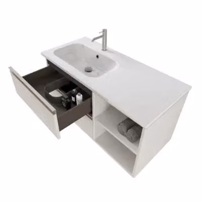 Mobile bagno sospeso Master INBAGNO bianco opaco con lavabo a sinistra, cassetti, vani a giorno e specchio con illuminazione LED, L: 101 cm – 2