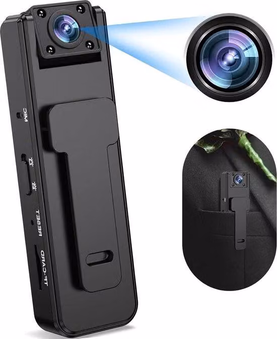 Mini telecamera con clip, HD 1080p, visione notturna, obiettivo da 180°