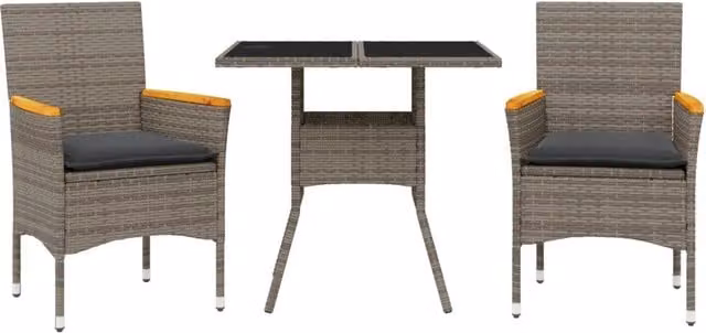 Set da Pranzo da Giardino 3pz | Set Salotto da Giardino con Cuscini in Polyrattan e Vetro