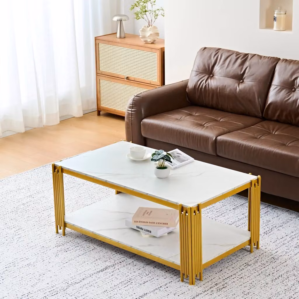 Tavolino da salotto rettangolare REDOM in MDF e metallo, Oro/Bianco, H 46 x L 114 x P 64 cm – 2