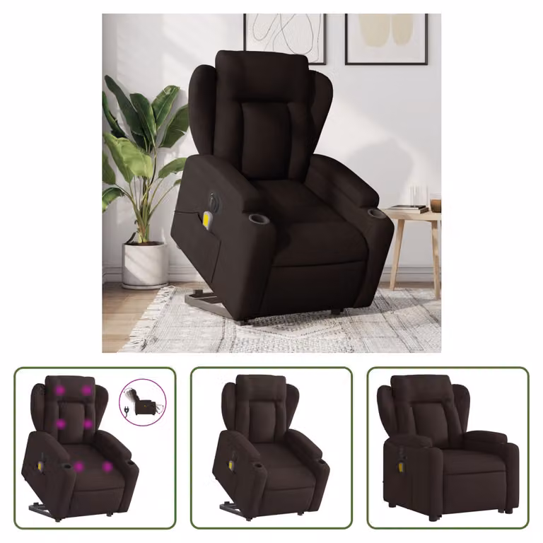 The Living Store Poltrona massaggiante elettrica con supporto in piedi Tessuto marrone scuro