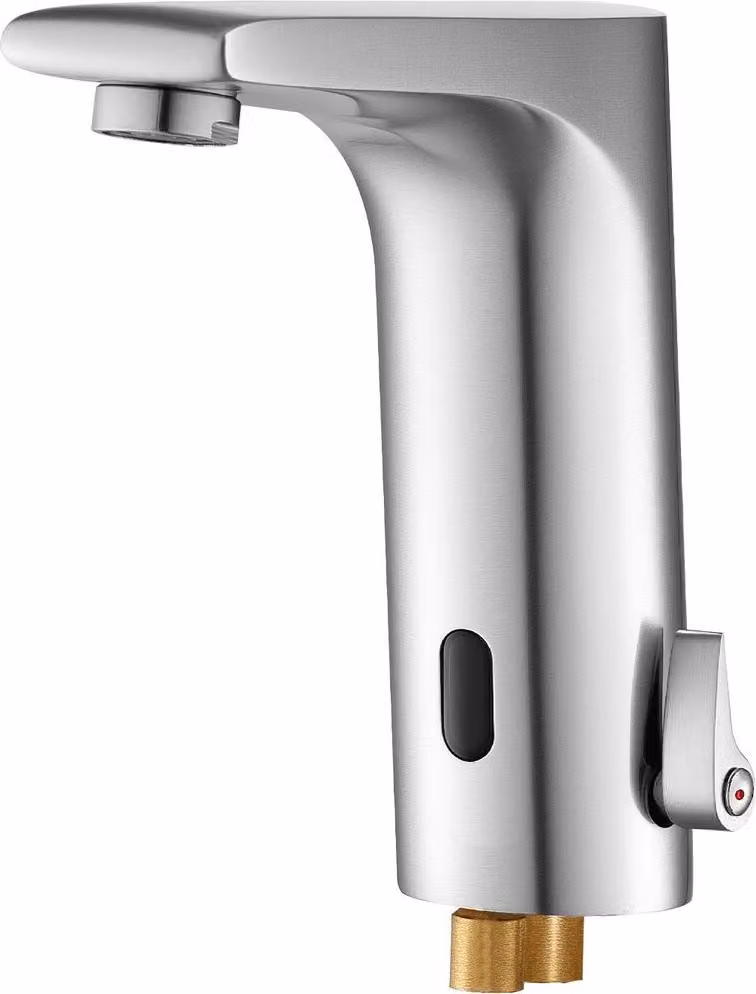 Rubinetto touchless per lavabo da bagno, rubinetto automatico con sensore di movimento per WC, miscelatore monocomando regolabile per acqua calda e fredda, funzionante a batteria, per tubi da 9,5 mm, finitura nichel argento spazzolato