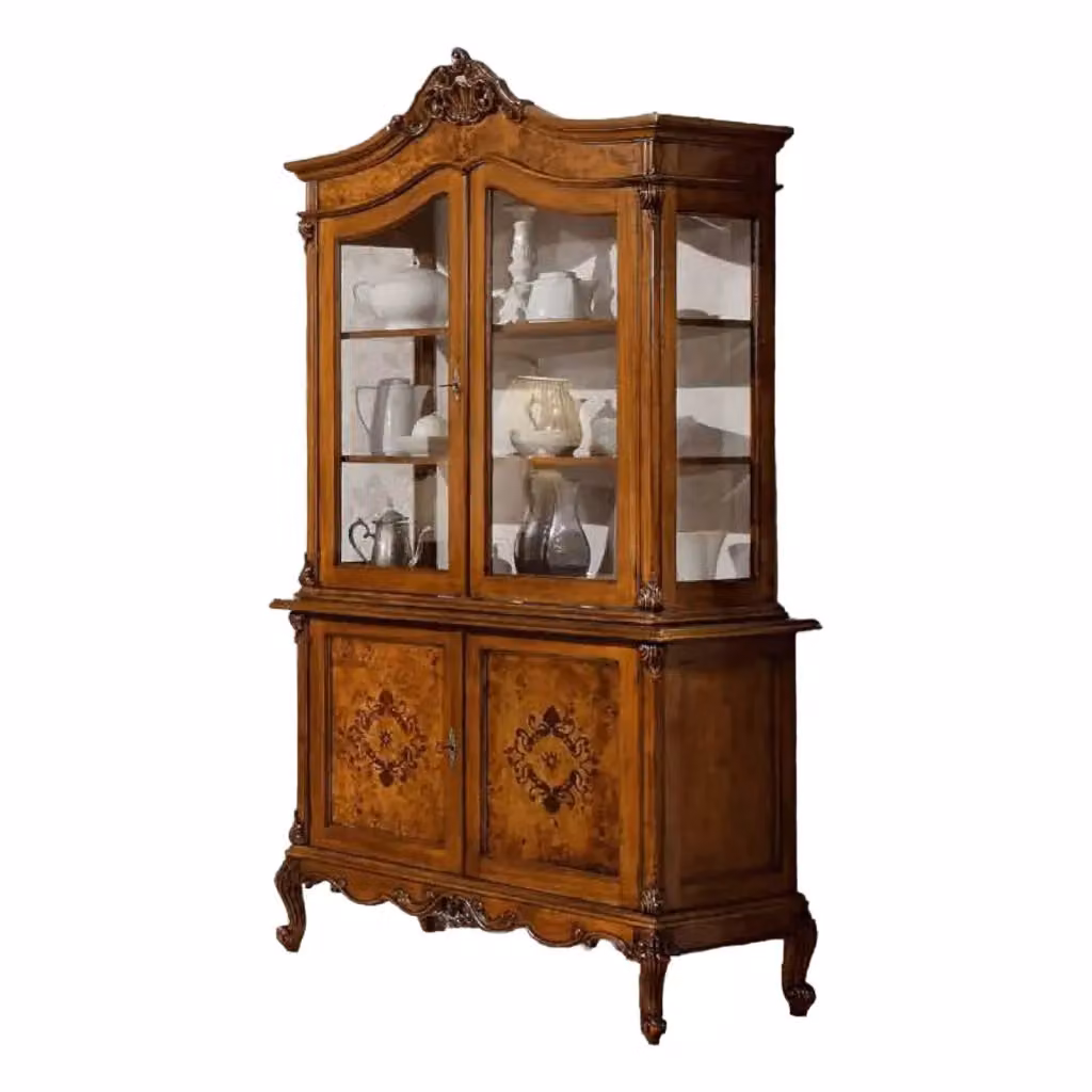 Cristalliera in legno di radica stile Impero con 3 porte in vetro e 1 cassetto, finitura Bassano, Mobili 2G, L/P/H: 122 x 56 x 227 cm – 2