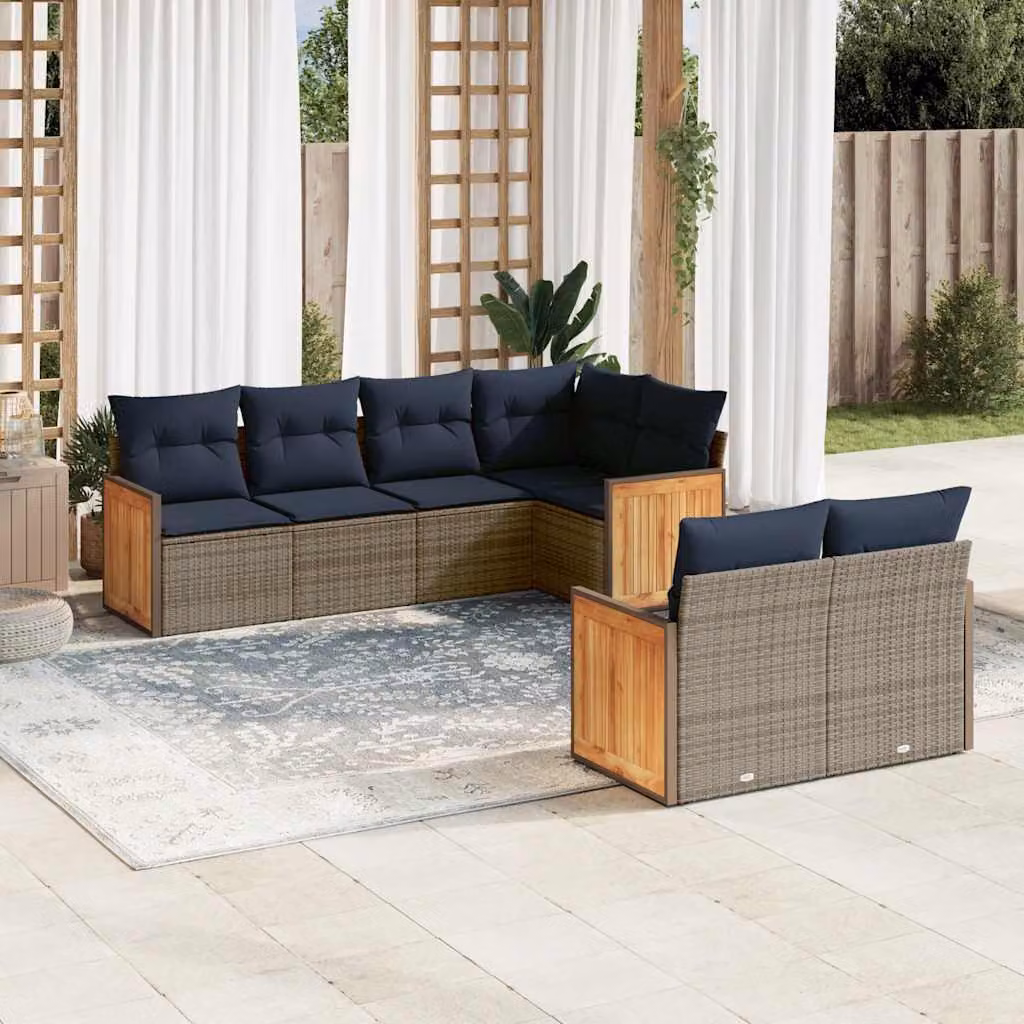 Set di divani da giardino vidaXL 7 pezzi in rattan con cuscini grigi e blu e struttura in metallo a forma di L