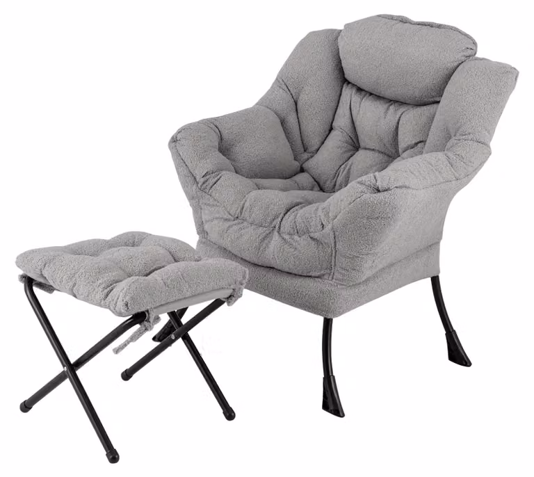 Poltrona COSTWAY con poggiapiedi, poltrona reclinabile con braccioli, tasca laterale e poggiapiedi, poltrona lounge, poltrona da TV, poltrona imbottita con orecchie, grigio peluche