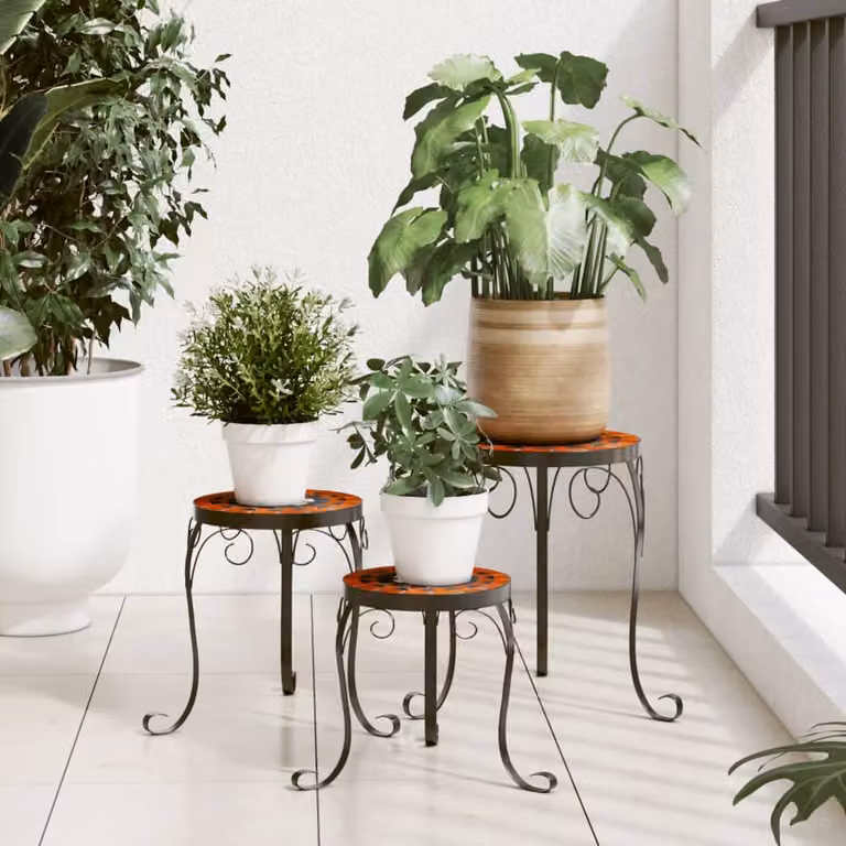 Set di 3 supporti per piante vidaXL in ceramica e acciaio, colori arancione e nero