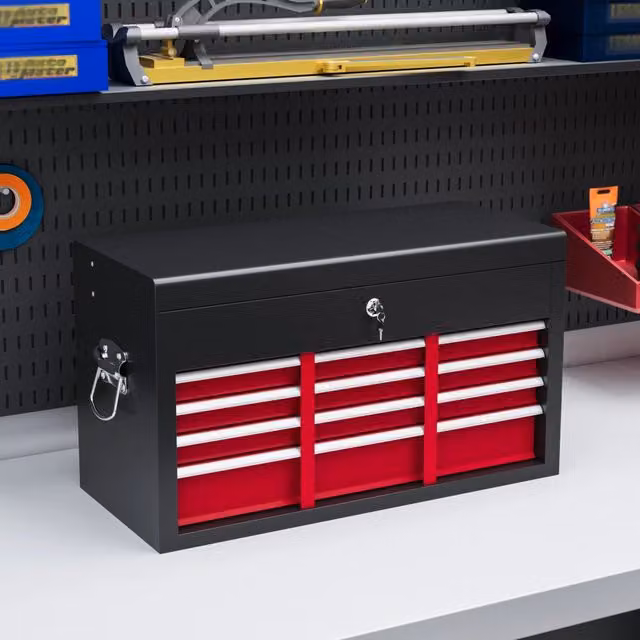 Cassettiera portautensili in acciaio con 6 cassetti, serratura e vano superiore capiente, colori rosso e nero