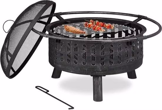 Griglia per Fiamme con Griglia a Carbone e Schermo a Scintille - 75 cm di Diametro - Nero/Argento - per Giardino