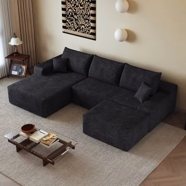 Divano in tessuto nero 270x175x83 cm; imbottitura in schiuma elastica; apertura rapida senza attrezzi