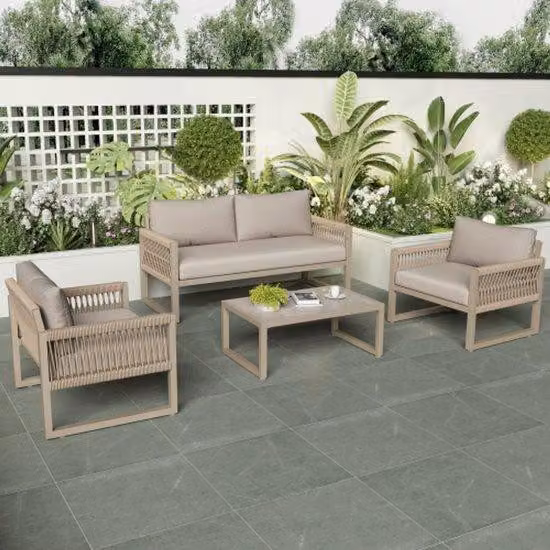 Set da giardino per relax con struttura in acciaio sagomata, cuscini in cotone, colore kaki, con cuscini per seduta, piedi regolabili, tavolino in vetro, set da 4 pezzi, completo di tutti i cuscini