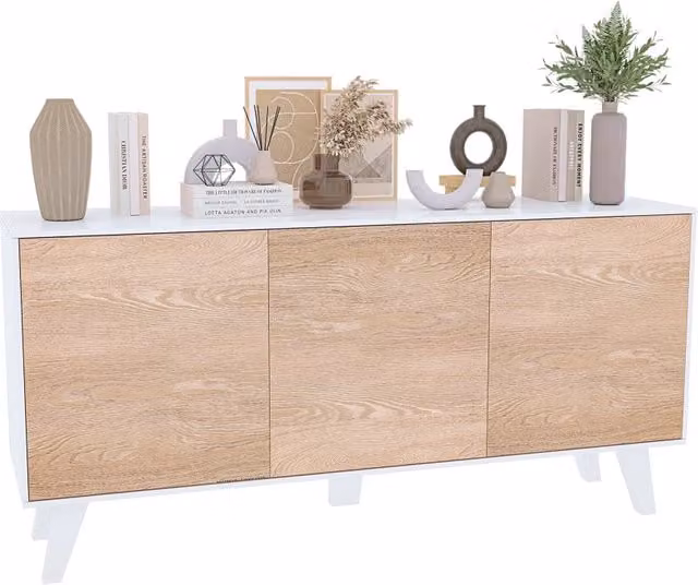 Credenza Arreditaly Moderna con 3 Ante per Soggiorno, Ingresso o Sala da Pranzo, Colore Bianco Lucido e Rovere Chiaro, L: 154 cm, P: 41 cm, H: 75 cm
