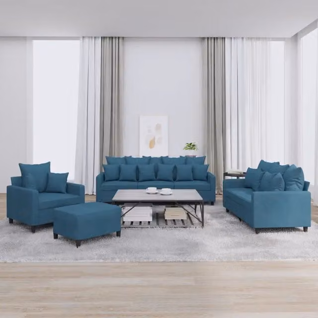 Set di divani moderno vidaXL in velluto blu composto da divano a 3 posti, divano a 2 posti e pouf con cuscini inclusi
