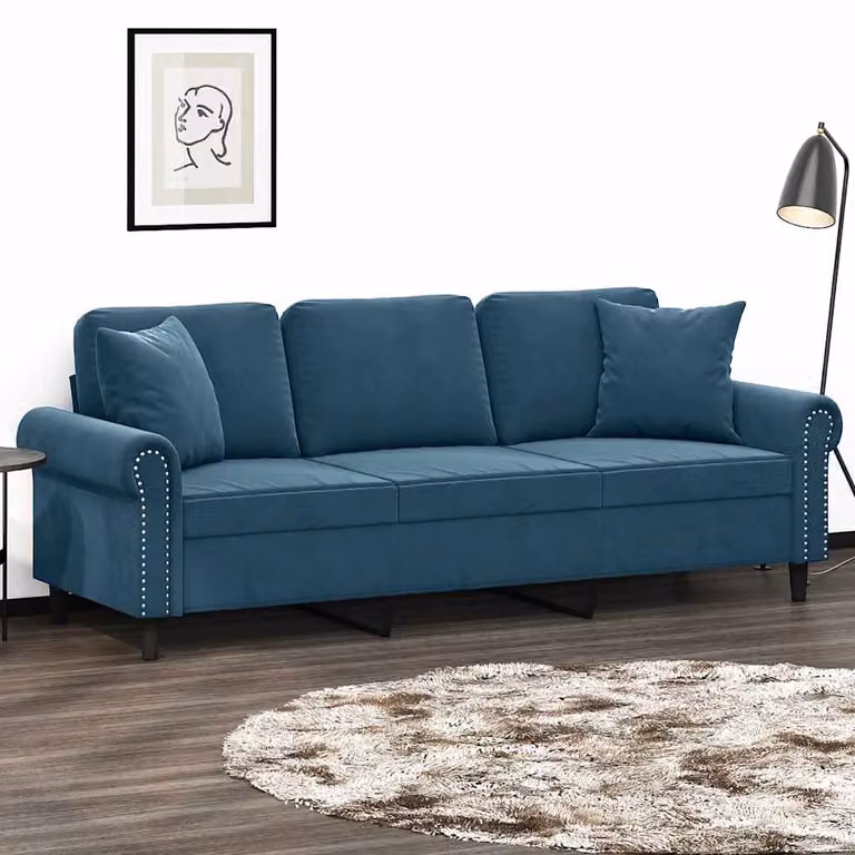 vidaXL Divano a 3 Posti Moderno in Velluto Blu con Cuscini e Struttura in Metallo