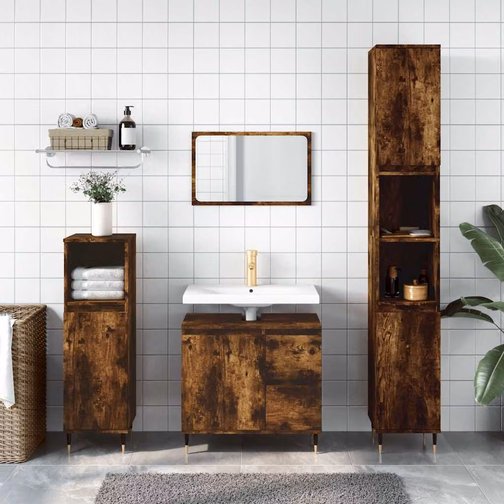 Armadietto da bagno vidaXL in legno Rovere Fumo con ante e ripiani, L/P/H: 65 x 33 x 60 cm