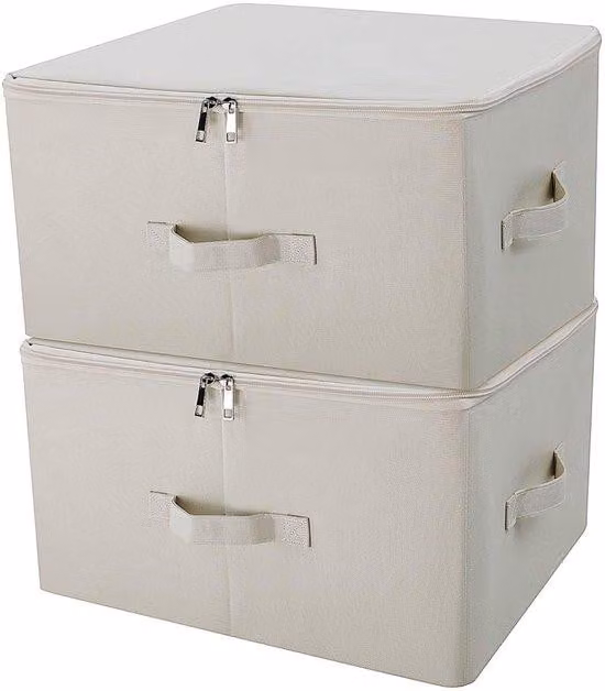 Ibenzoa® Contenitori pieghevoli robusti con coperchio – Beige, set da 2, 45x35x25 cm, contenitori in plastica resistenti, impilabili e salvaspazio