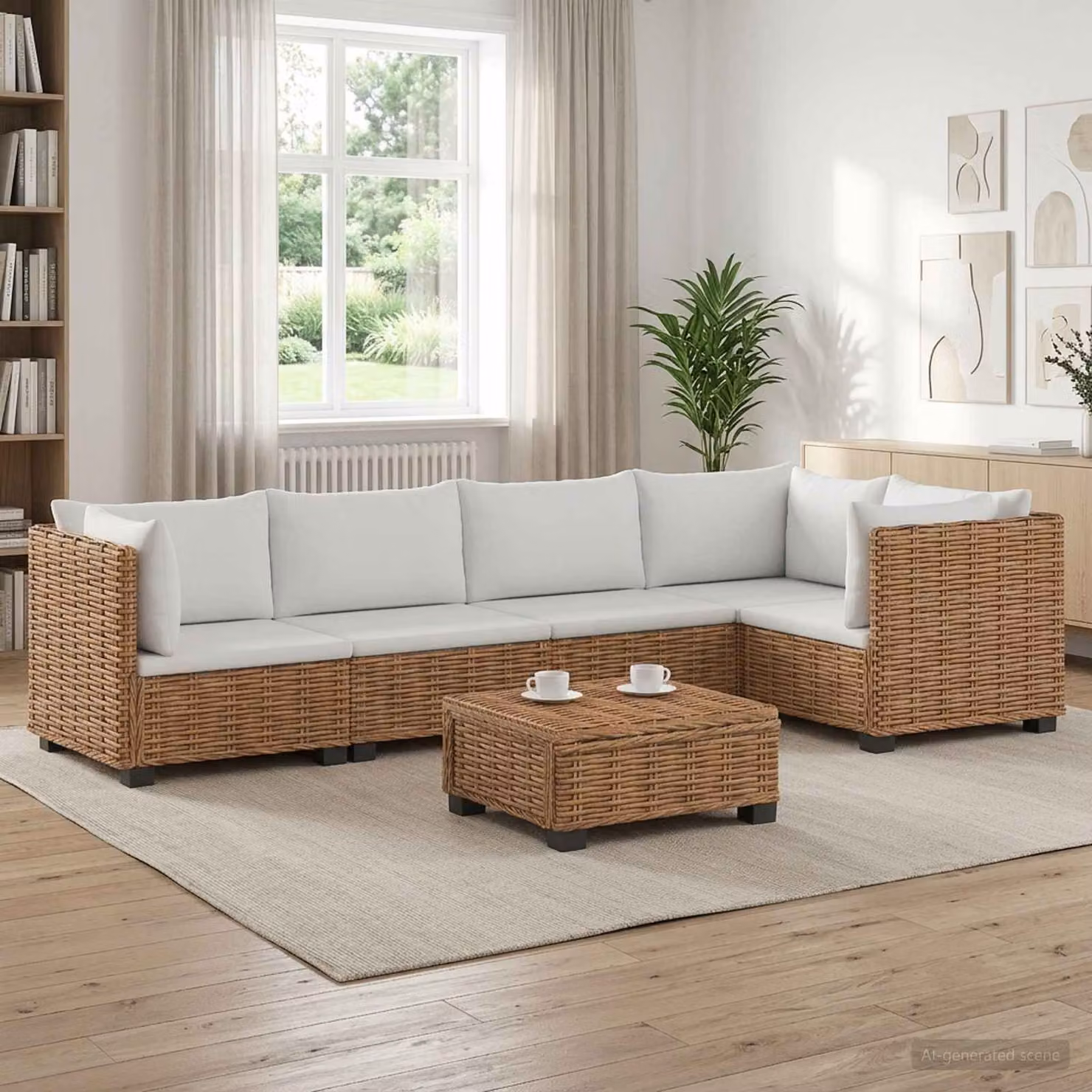 Set Lounge da Giardino vidaXL GENDT in Polyrattan con Cuscini, Design a L con Tavolino, Colore Rattan Naturale e Cuscini Beige/Bianco/Marrone