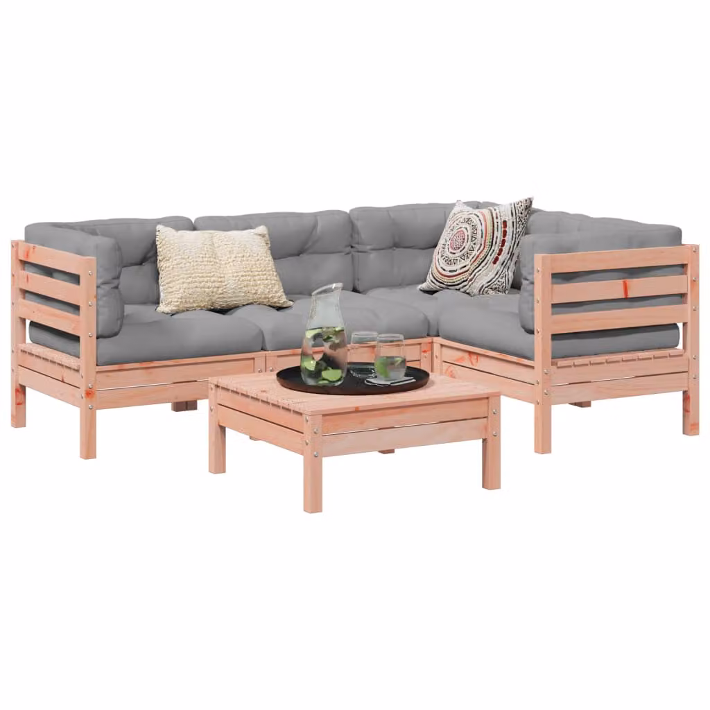 Set di divani da giardino vidaXL a forma di L composto da 5 pezzi in legno massello di abete con cuscini inclusi nei colori marrone e grigio