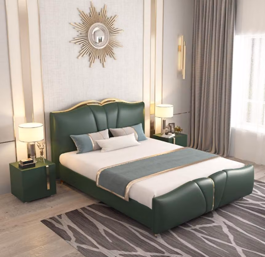 Bett Luxus Möbel Bettrahmen Holz Schlafzimmer Einrichtung Kunstleder