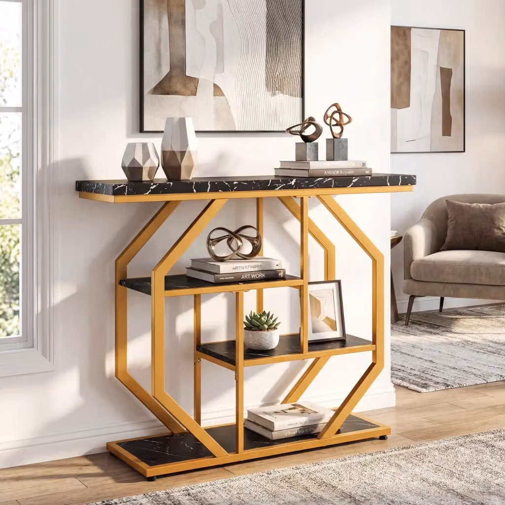 Tavolo consolle moderno DESIGN IN con 4 ripiani, piano effetto marmo e struttura geometrica in metallo, colori nero e oro, L: 101 cm, P: 29,5 cm, H: 80 cm – 2