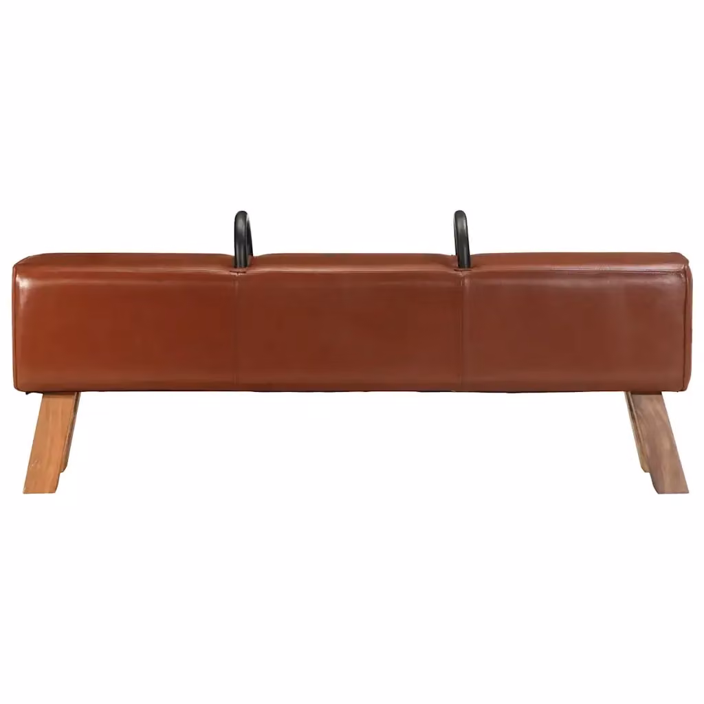 Panca Turnbock Vintage in Legno di Acacia e Metallo con Maniglie in Pelle Marrone L: 135 cm, H: 46 cm, P: 25 cm – 2