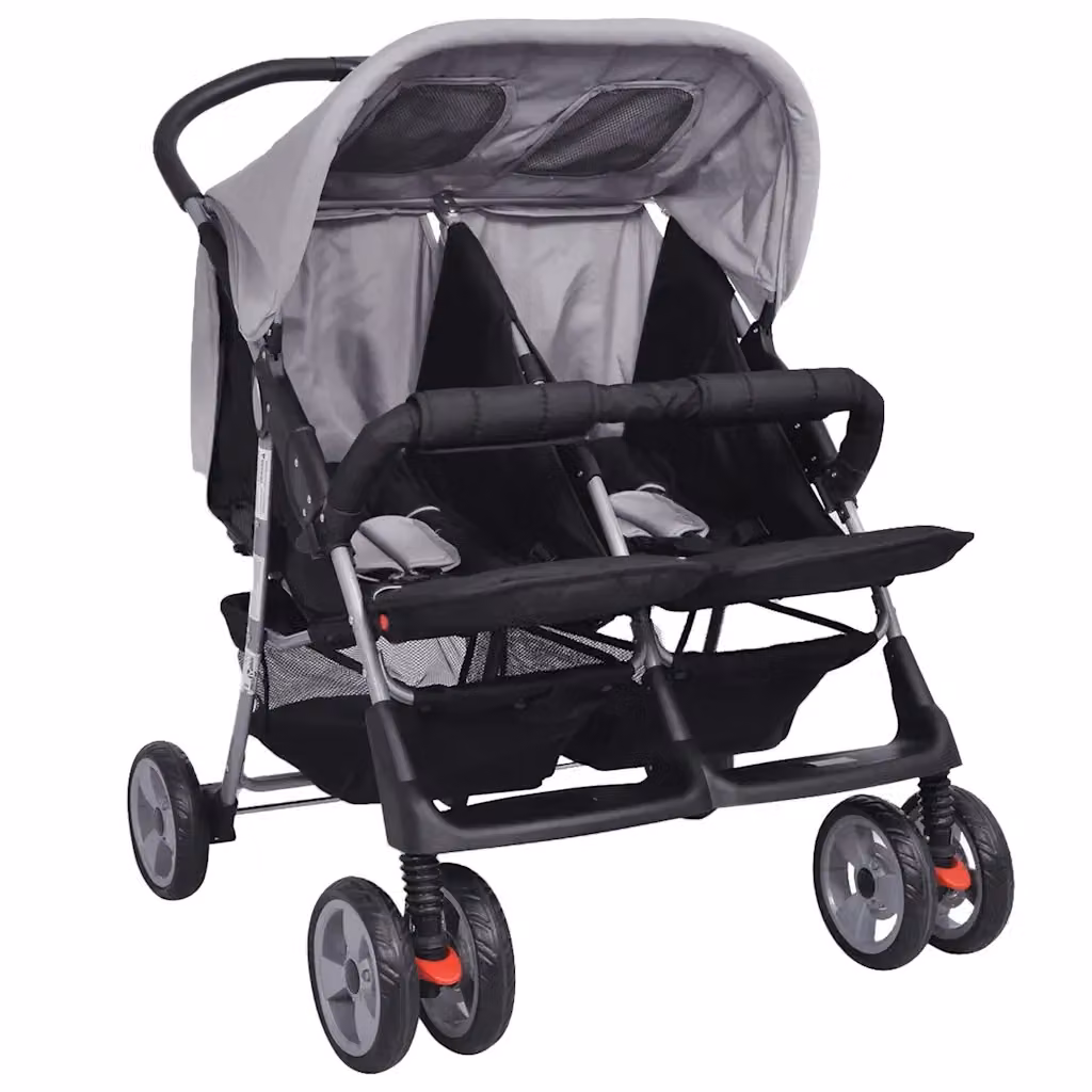 Passeggino Gemellare Pieghevole vidaXL in Acciaio Grigio e Nero con Ruote Pivotanti – 2