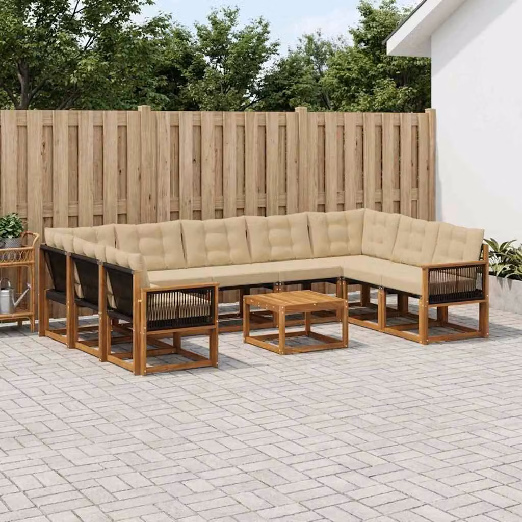 Set di divani da esterno vidaXL 10 pezzi in legno di acacia con tavolino e cuscini, colore beige e marrone