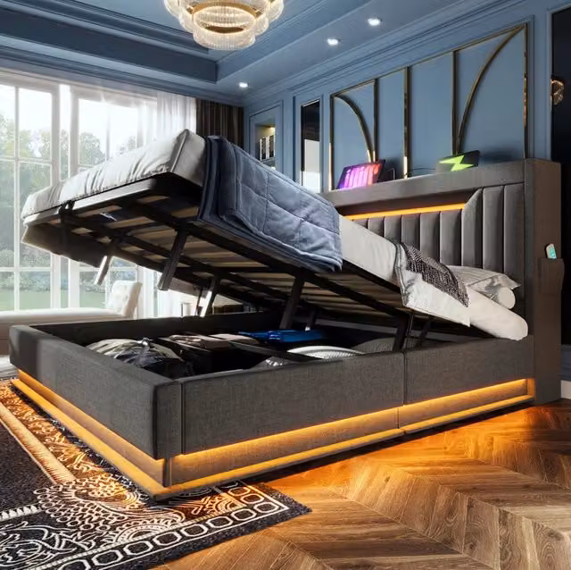 Letto matrimoniale 160x200 cm con contenitore idraulico; LED e porte USB/Type-C; grigio in lino