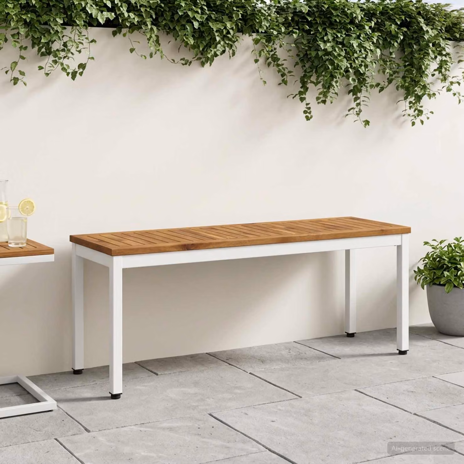 Panchina da giardino vidaXL in legno di acacia e metallo, stile rustico, Naturale e Bianco, L 108,5 x P 35 x H 45 cm