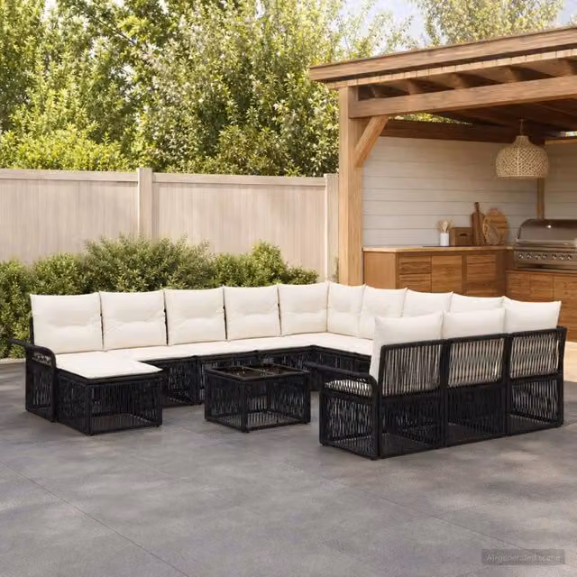 Set Divano da Giardino Moderno vidaXL in Polyrattan Nero e Bianco con Cuscini e Tavolino