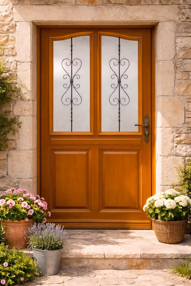 Porta d'ingresso in legno con vetrata Sandy, H.215xL.90 cm, lato tavolo P. sinistra, maniglia, cilindro Gd Menuserie