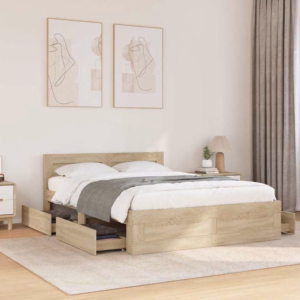 Struttura letto moderna vidaXL in legno ingegnerizzato con cassetti, colore marrone e beige, L: 137 cm x P: 188 cm