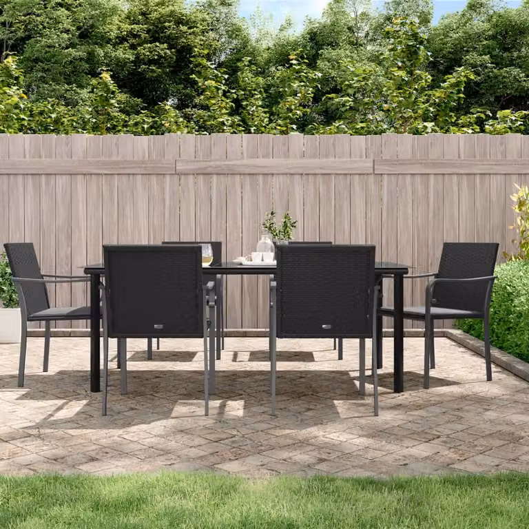 Set da giardino vidaXL in polyrattan e acciaio con 7 pezzi e cuscini, colori nero e grigio
