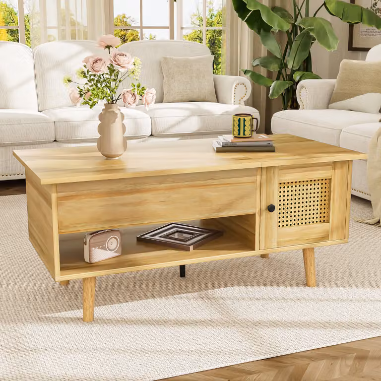 STILVORA Tavolino da salotto con funzione di sollevamento, tavolino da divano con ampio spazio contenitivo, con funzione di sollevamento e ante in rattan, color legno