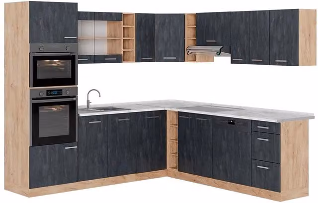 Cucina angolare moderna R-Line Vicco in Calce nera e Rovere dorato con piano in Marmo L: 247 cm, P: 237 cm – 1