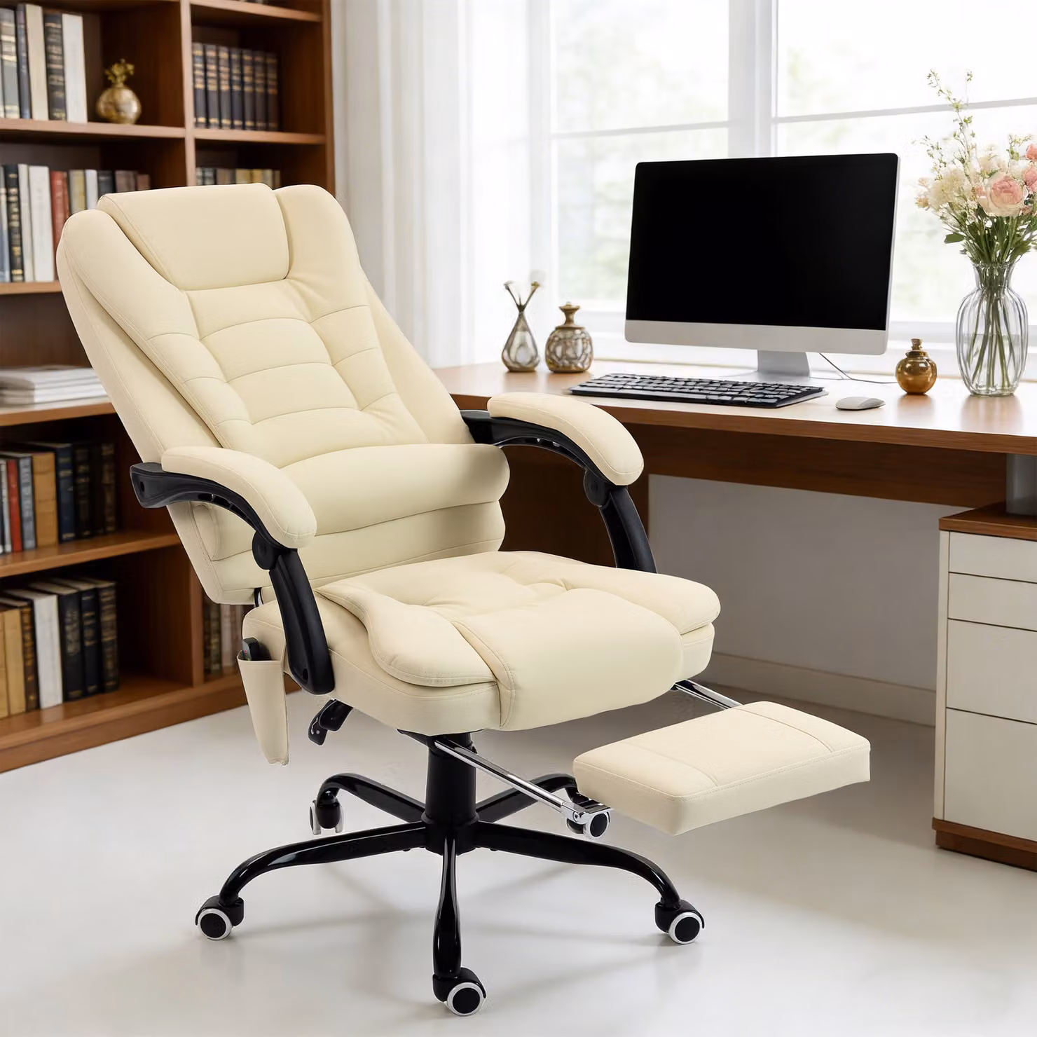 Poltrona da Ufficio Massaggiante Aosom Executive Chair in Finta Pelle Beige con Schienale Reclinabile, Altezza Regolabile e Braccioli – 2