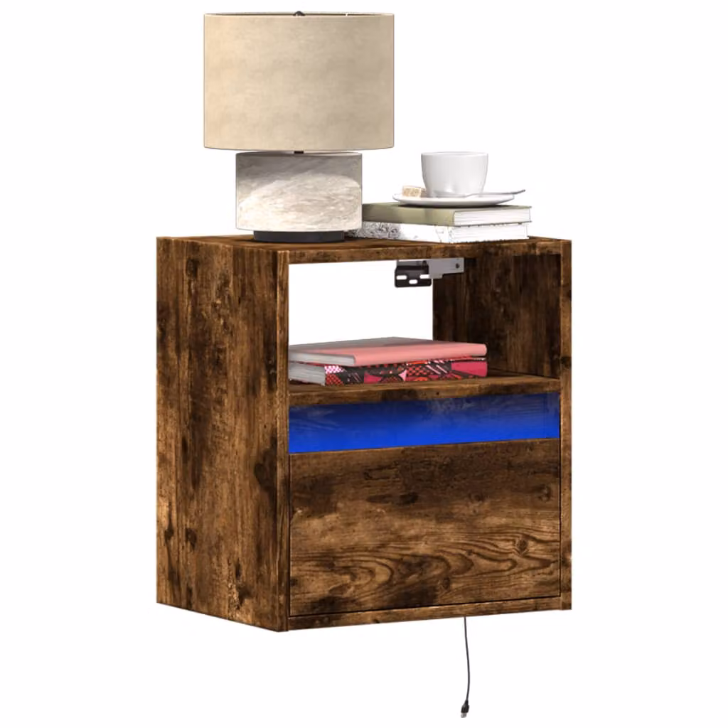 Comodino a parete con luci LED vidaXL in Rovere Fumo