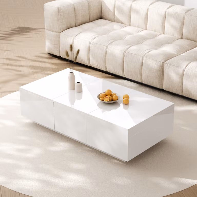 MODFU Tavolino rettangolare con 2 cassetti, tavolino da salotto con struttura contenitiva push-pull, tavolino da caffè, 100x50x31 cm, bianco