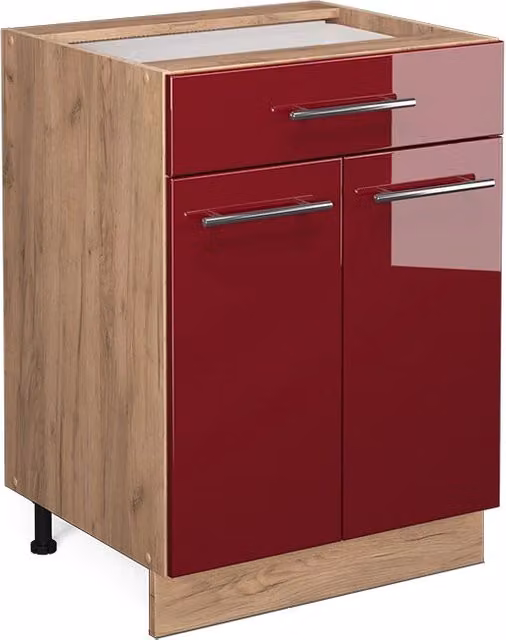 Mobiletto base per cucina Vicco Fame-Line Bordeaux lucido e Rovere dorato con cassetto, larghezza: 60 cm, senza piano di lavoro