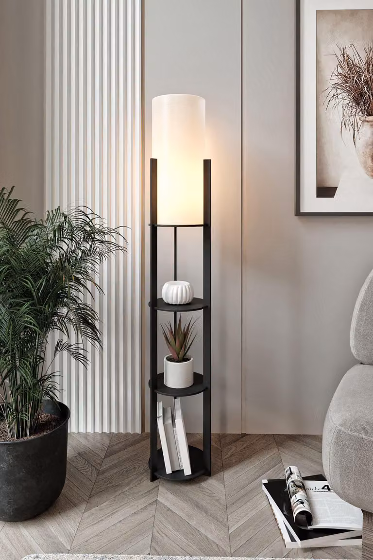 Opviq, lampada da terra di alta qualità, nera, 135 cm | Corpo in carta speciale e MDF, paralume in PVC (diametro: 17 cm, altezza: 35 cm) | Attacco E27, max. 40 W, grado di protezione IP22, design scandinavo.