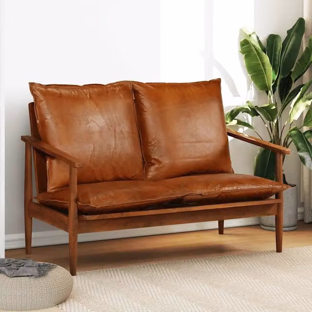 Divano a 2 posti in vera pelle marrone con struttura in legno di acacia stile mid-century vidaXL