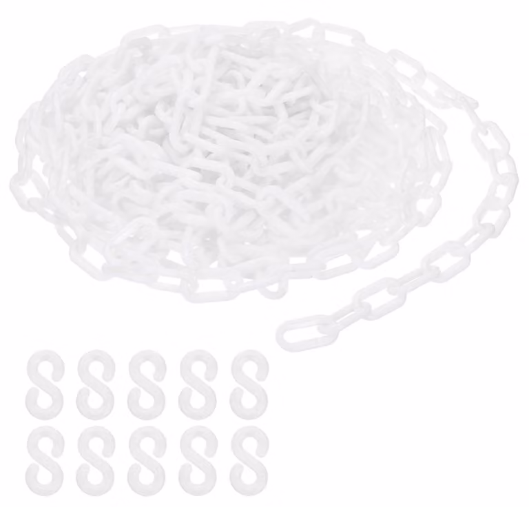 Catena in plastica, lunghezza 12 metri, diametro 6 mm, colore bianco, con 10 ganci, barriera di sicurezza
