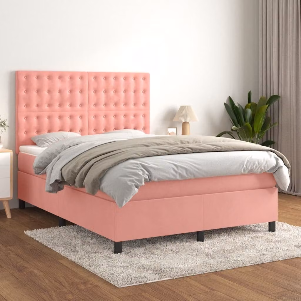 vidaXL Letto a molle con materasso rosa 140x200 cm in velluto - Letto a molle - Letti a molle - Letto - Mobili per la camera da letto