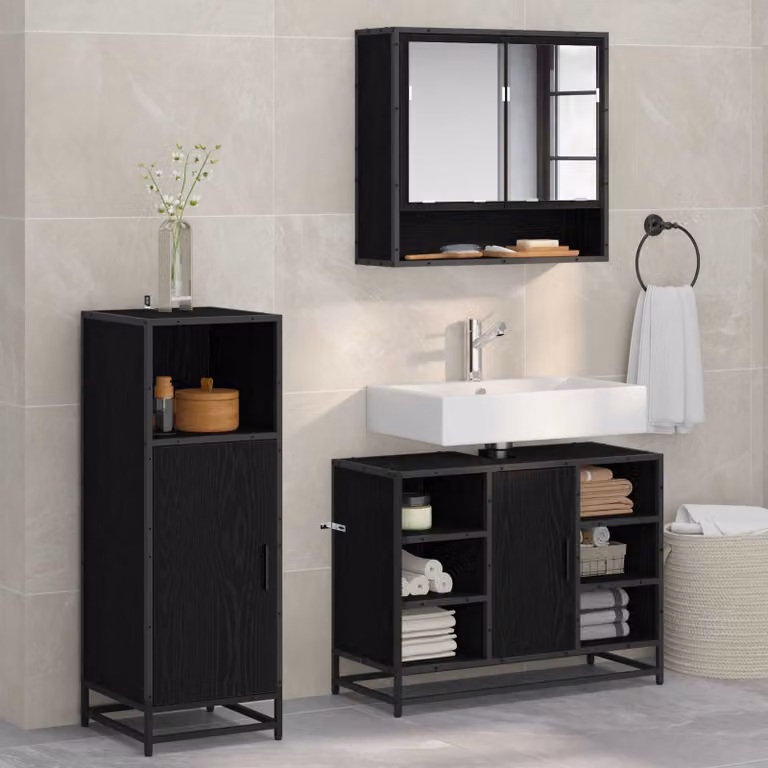 Set di mobili per il bagno moderno vidaXL in 3 pezzi, colore nero e rovere, con armadietto a specchio, mobile lavabo e colonna alta