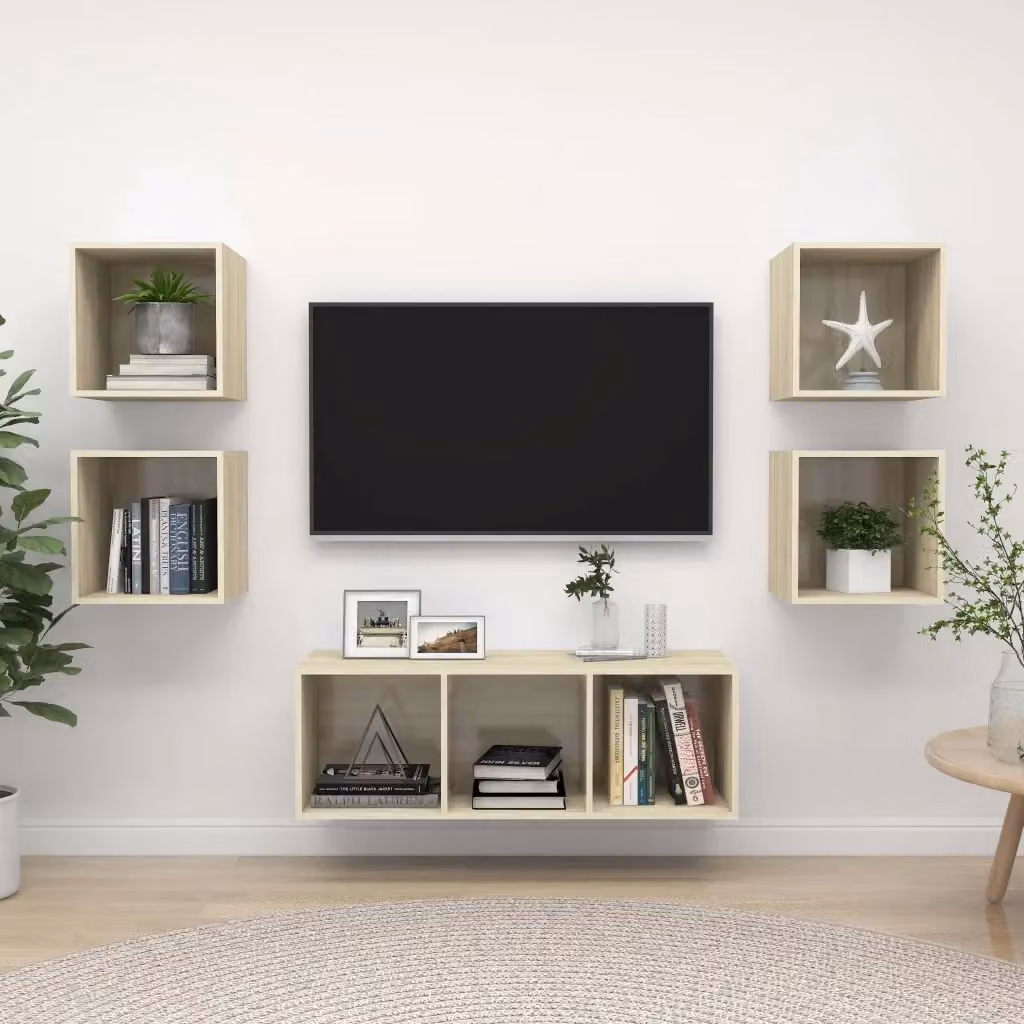 Set di Mobili TV da 5 Pezzi Moderno in Legno Multistrato Rovere Sonoma, Colore Marrone e Beige, Design a Parete per Soggiorno – 2
