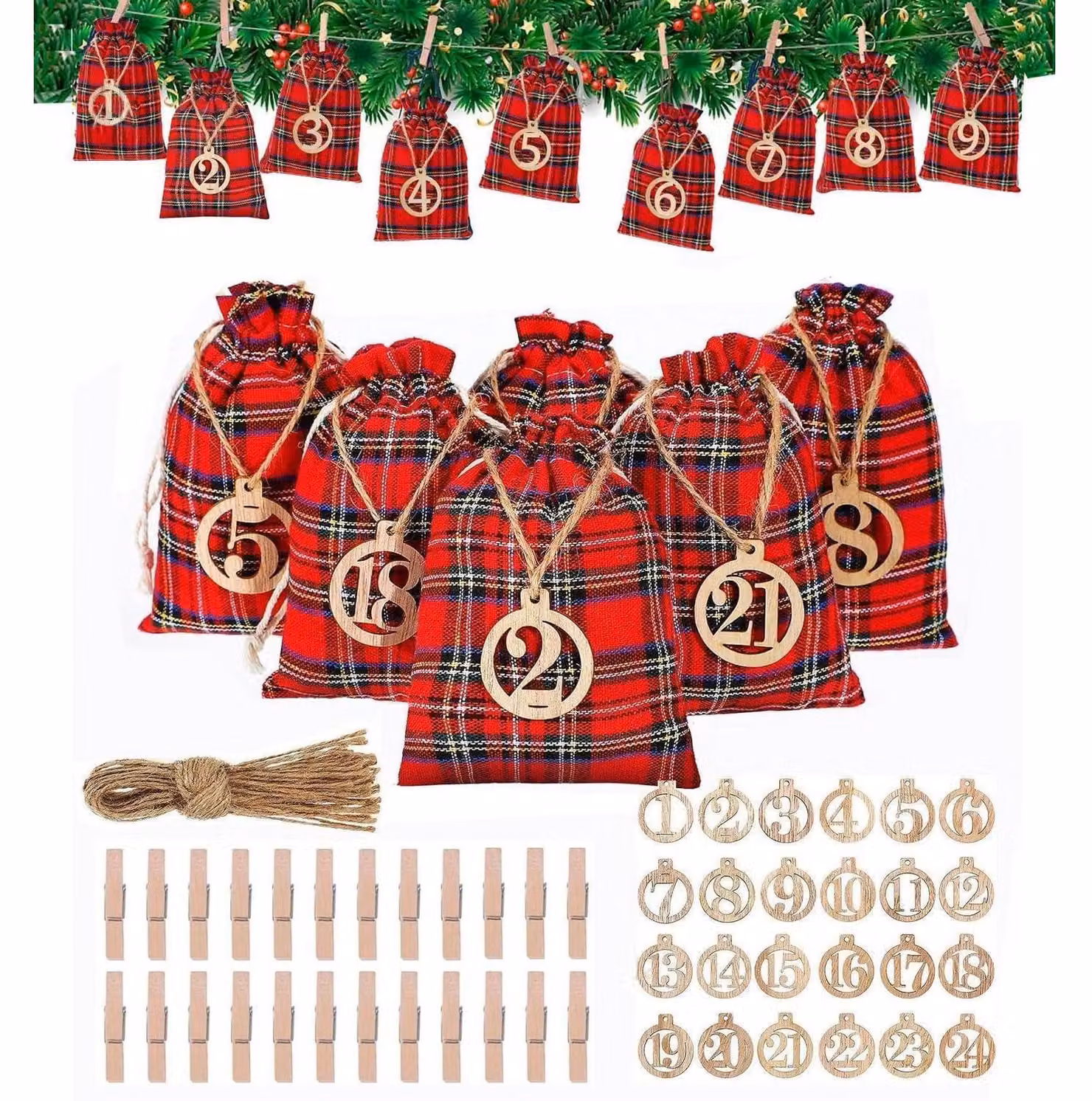 Calendario dell'Avvento da riempire, con 24 sacchetti di juta, colore rosso, con numeri in legno, dimensioni 10x15 cm