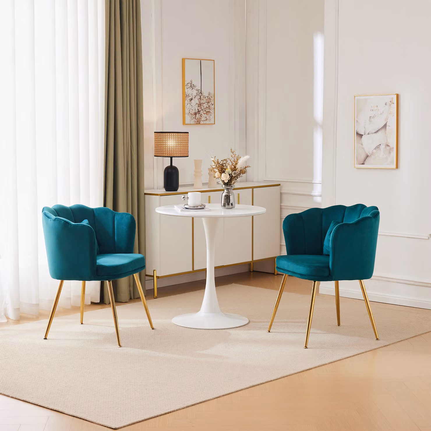 Sedia imbottita MERAX con cuscini decorativi a fiocco (2 pezzi), sedia da sala da pranzo sedia da soggiorno in velluto con schienale a petali e gambe in metallo dorato
