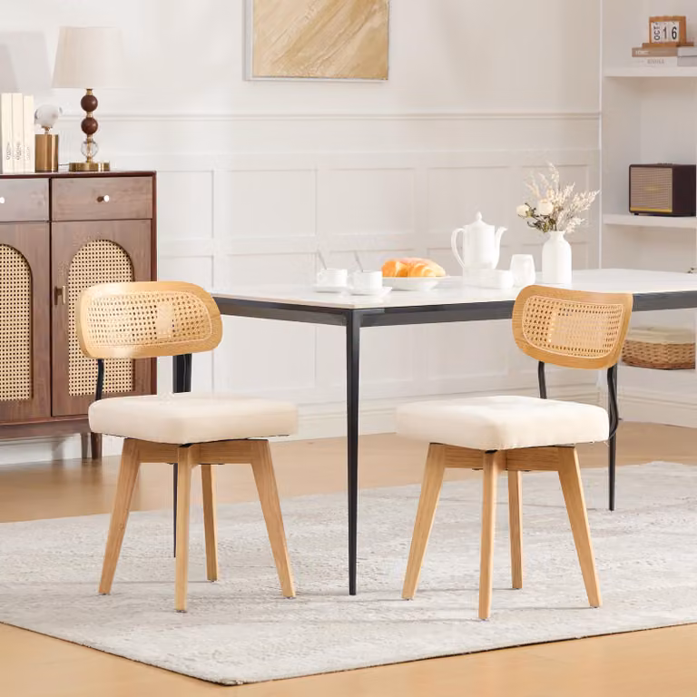Set di 2 sedie da pranzo o da cucina, con schienale intrecciato a 360°, seduta imbottita, tessuto in chenille, colore beige